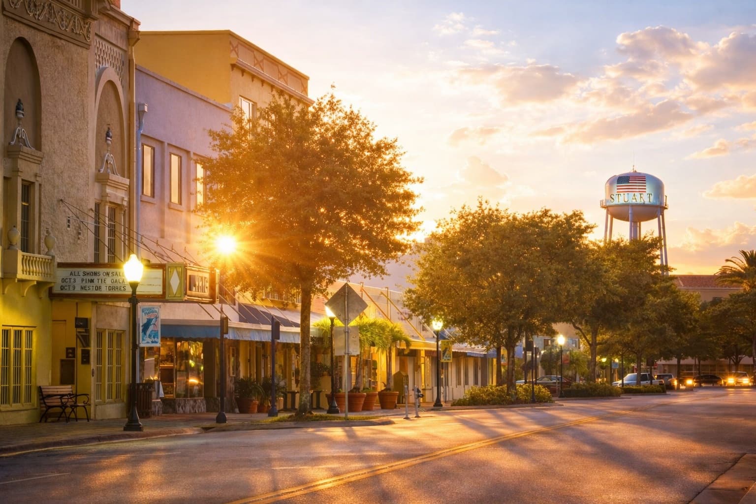Golden hour sunset over downtown Stuart Florida waterfront