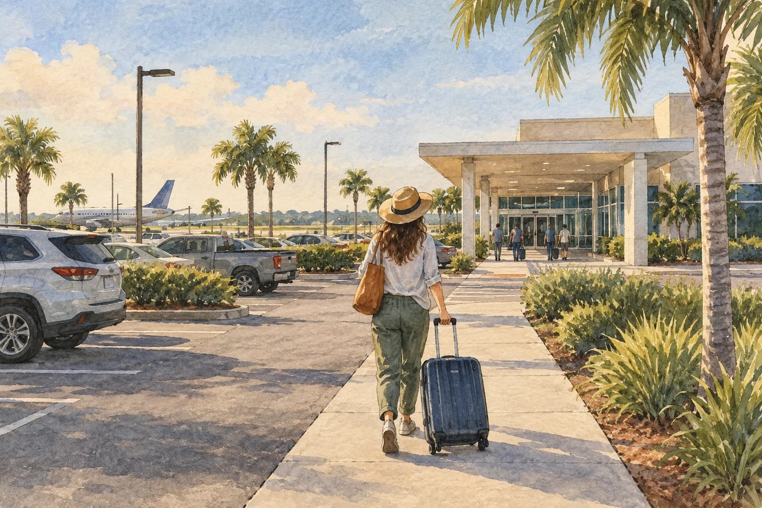 Editorial illustration: A traveler rolling luggage along a flat sidewalk from a surface parking lot toward a modest airport terminal in Florida