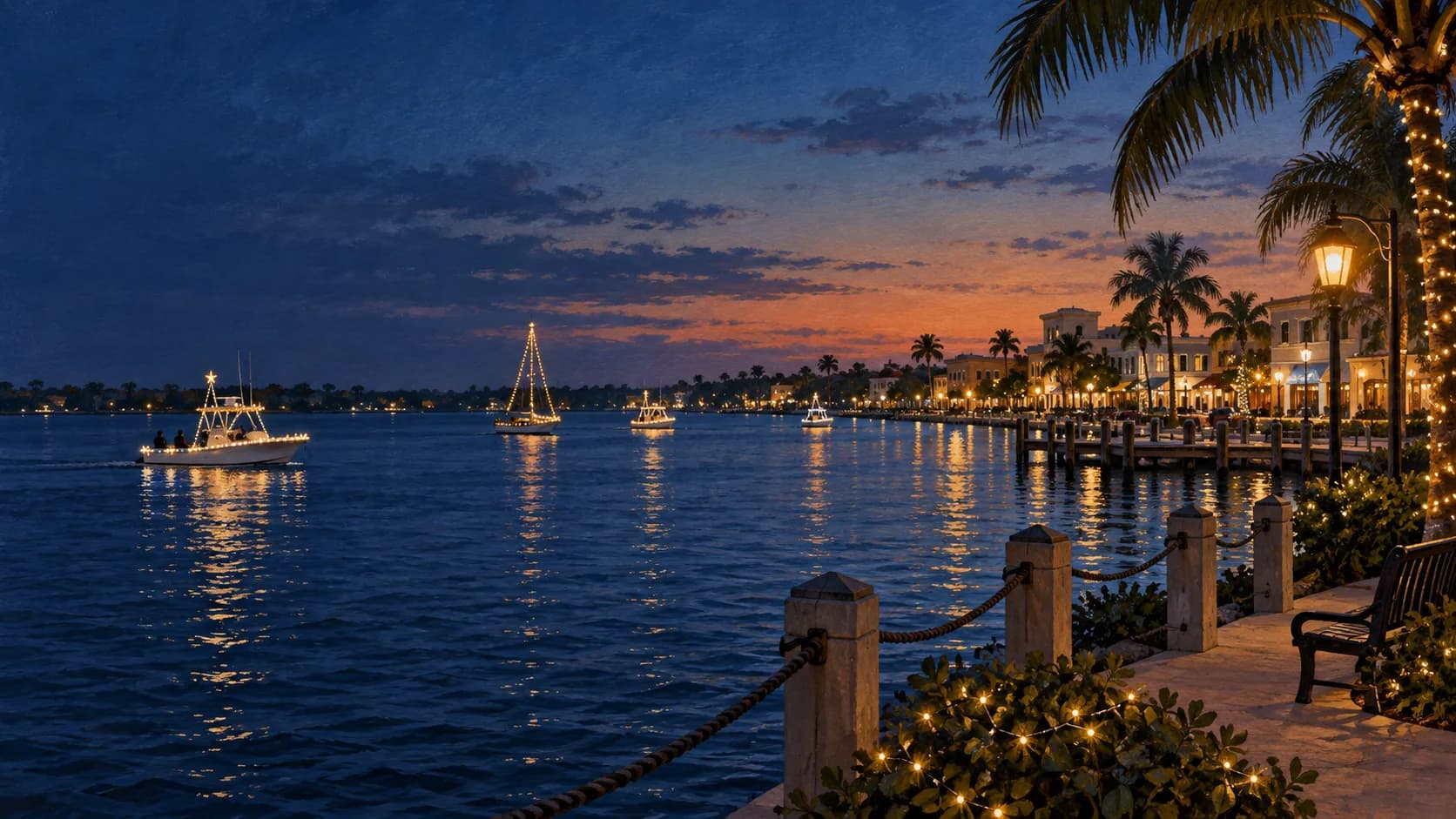 Illustration of holiday-lit boats on a Florida lagoon at dusk