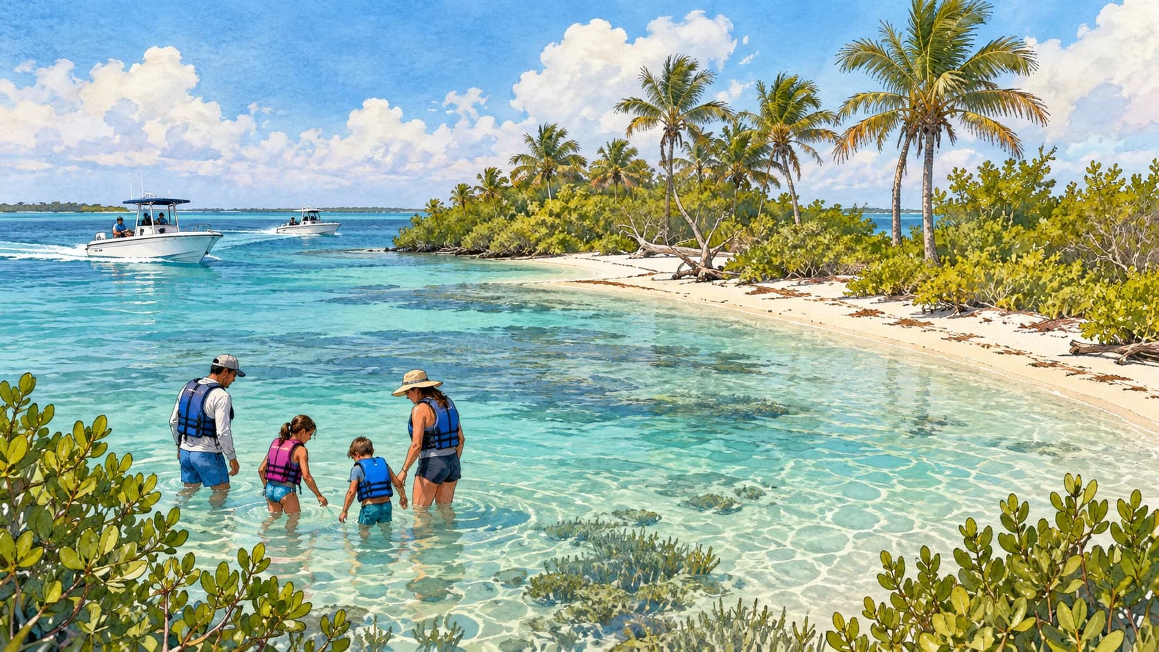 Editorial illustration: A small South Florida island with lagoon shallows and boats approaching at distance