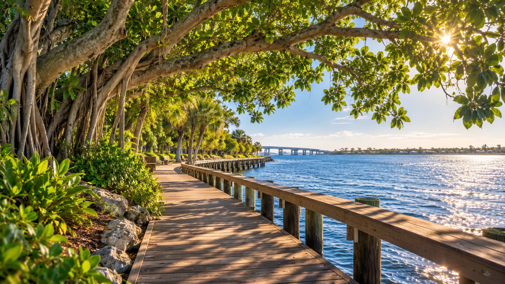A shaded wooden walk beside the St. Lucie River, with the bridge in the distance.