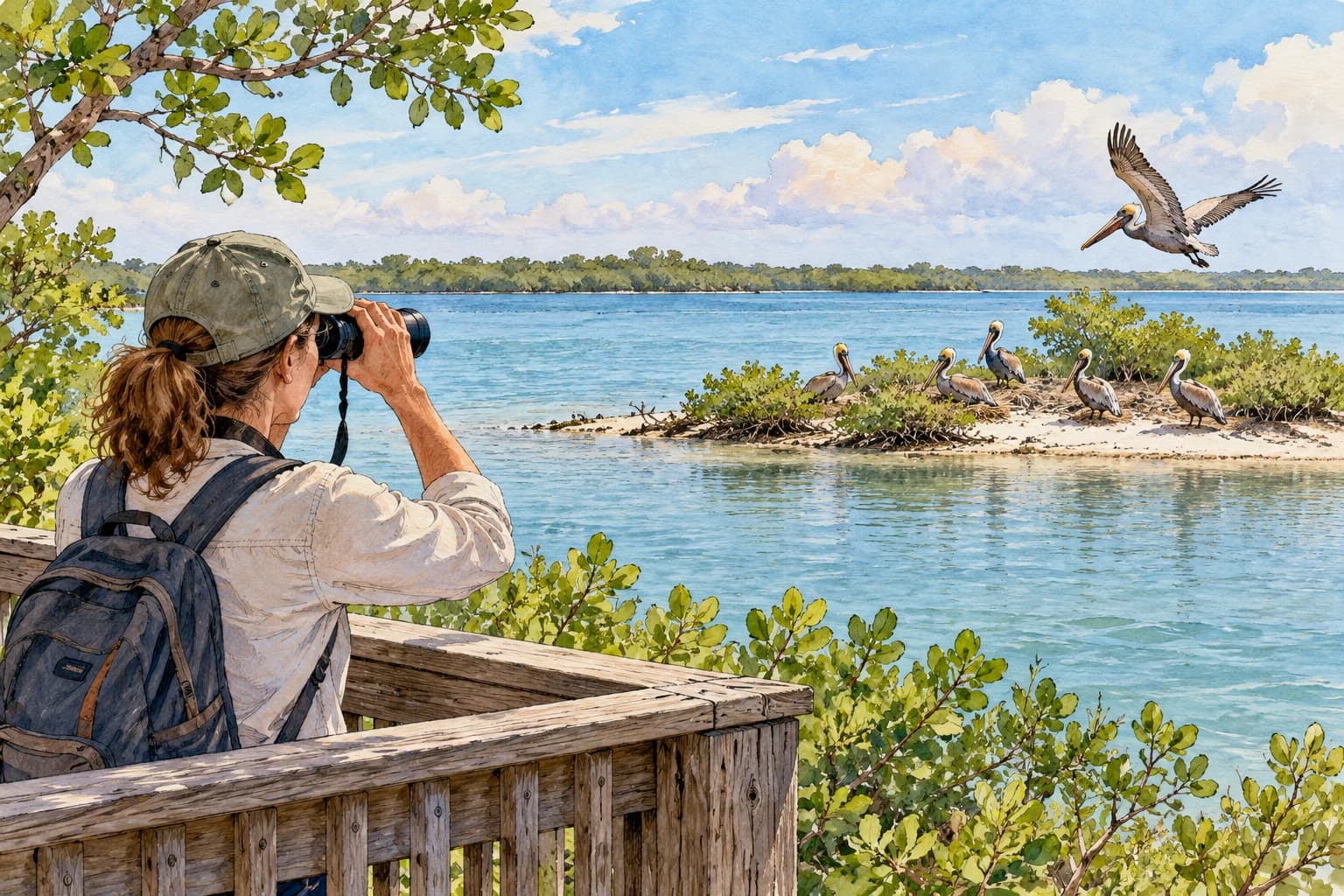 Editorial illustration: A person using binoculars on an observation platform looking across lagoon water to pelicans