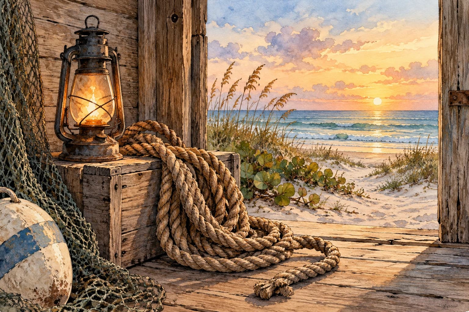 Editorial illustration: A historical coastal rescue still life with oil lantern, coiled rope and wooden shelter doorway