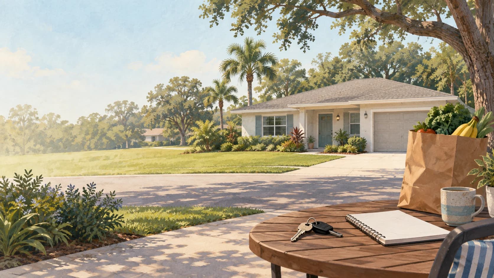 Illustration of a Vero Beach-area home with groceries and a household budget notebook