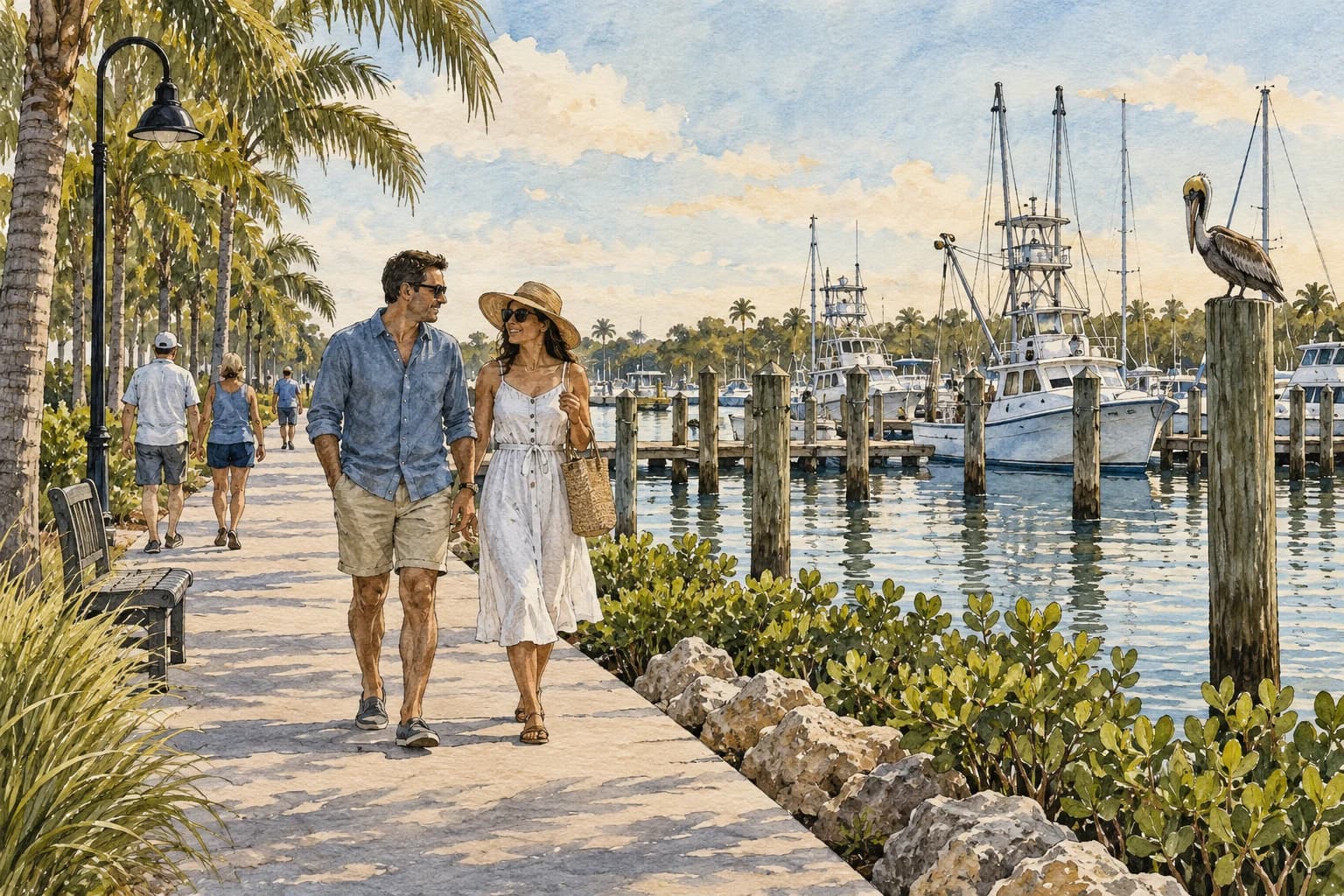 Editorial illustration: People strolling a waterfront path beside a working marina