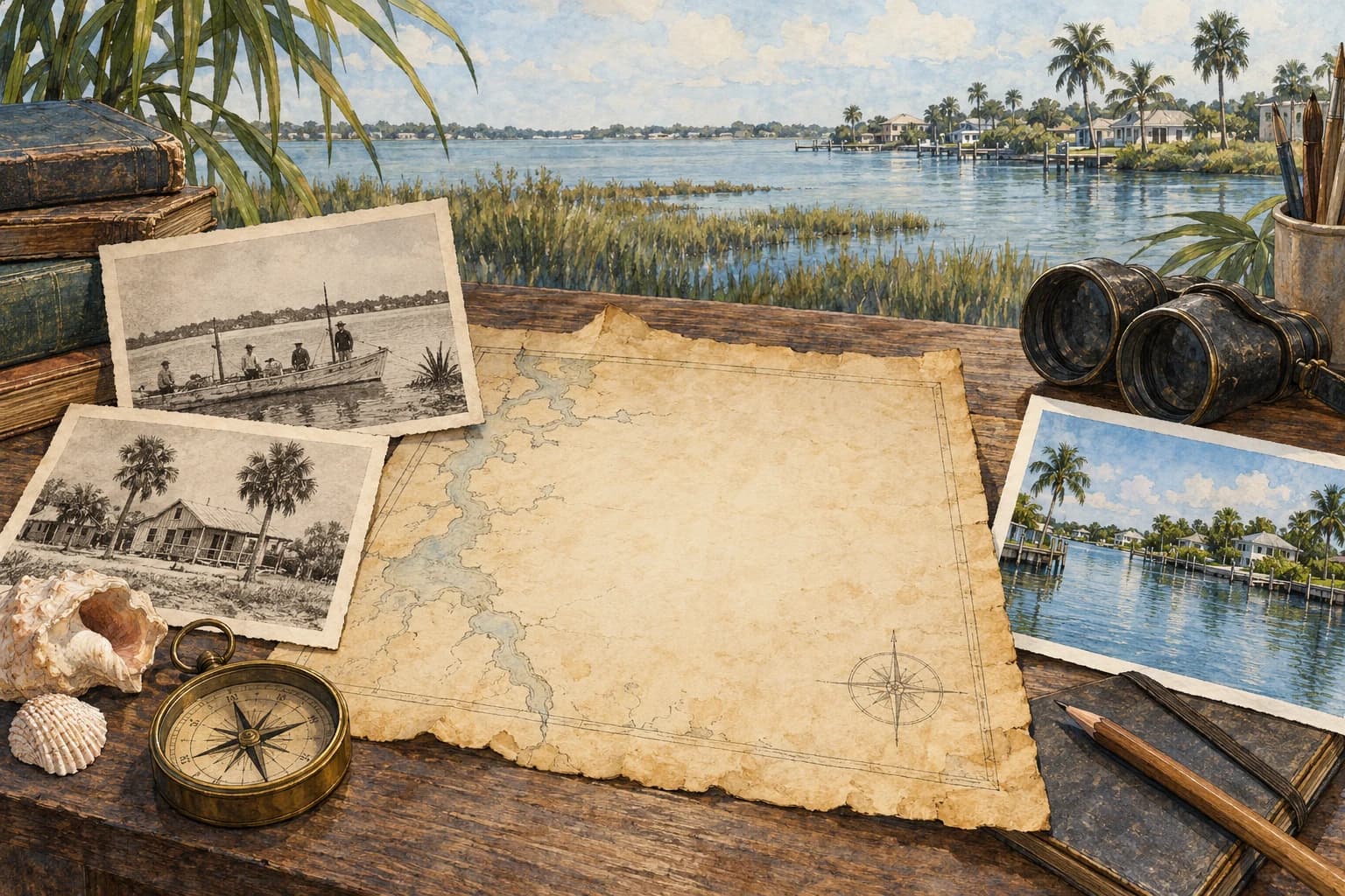 Editorial illustration: A historical research still life with blank old map, archival style photographs and modern neighborhood view