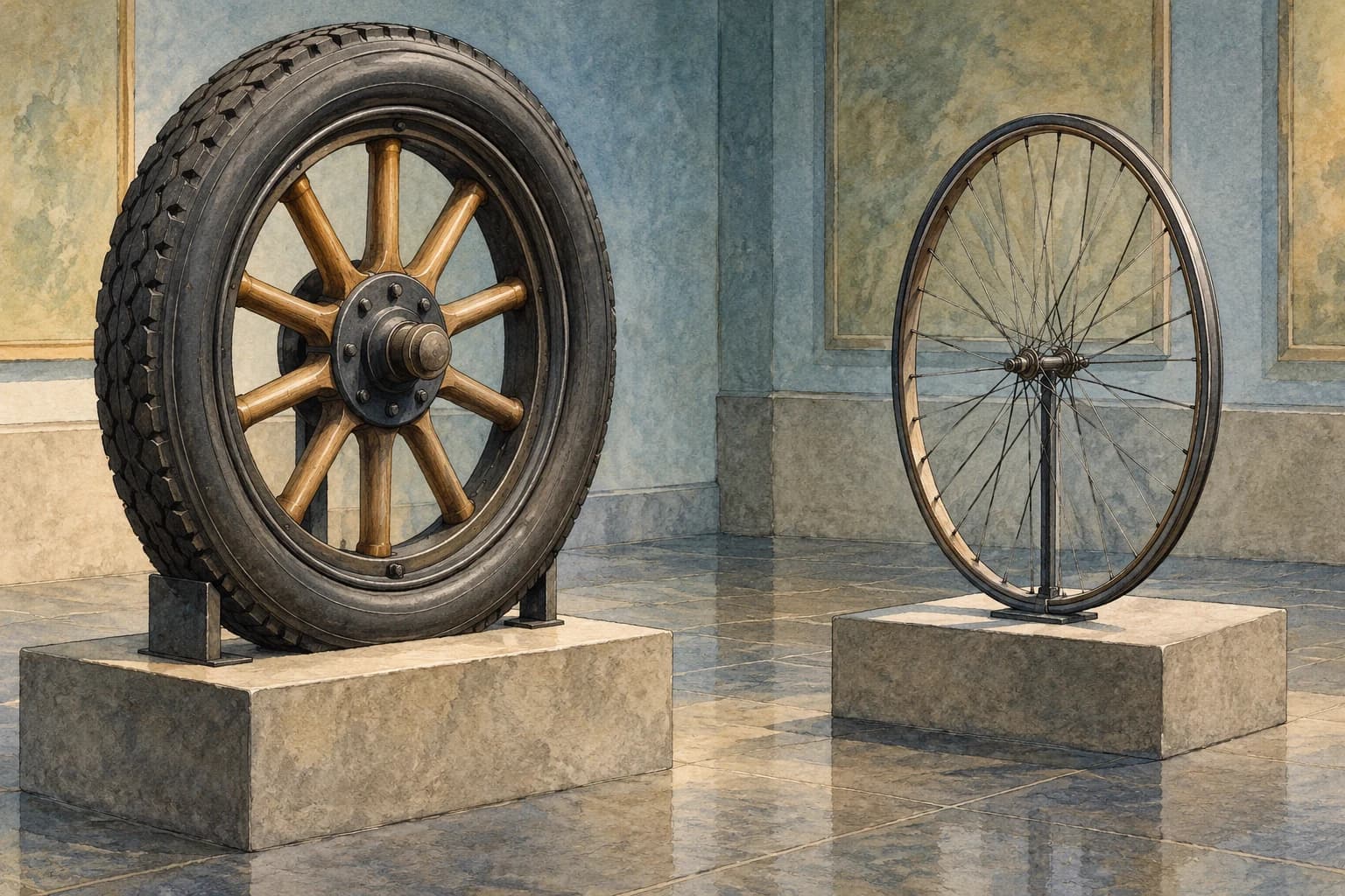 Editorial illustration: A vintage automobile wheel and a bicycle wheel as separate museum artifacts in a quiet indoor gallery