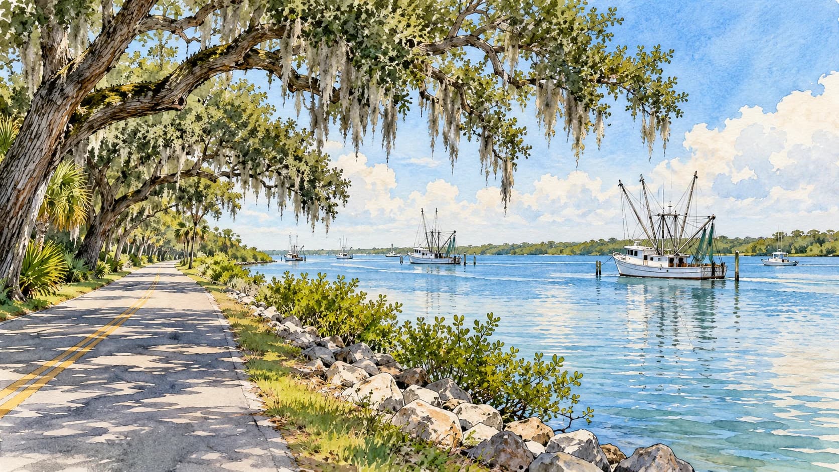 Editorial illustration: Lagoonfront Sebastian scene with river road, shade trees and fishing boats across water