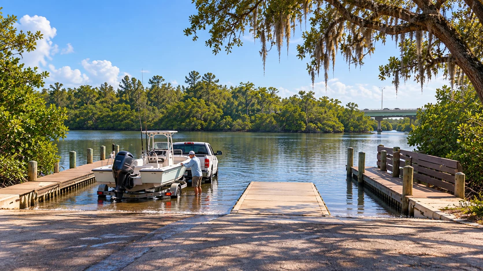 A two-lane launch beside the Indian River Lagoon, inspired by Round Island Riverside Park.