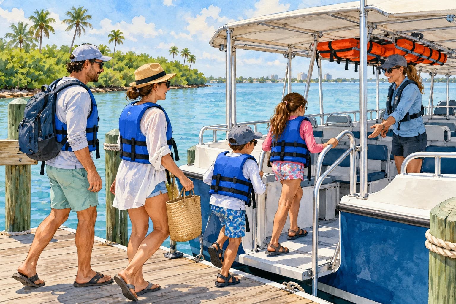 Editorial illustration: Travelers boarding a small passenger shuttle at a dock with life jackets visible