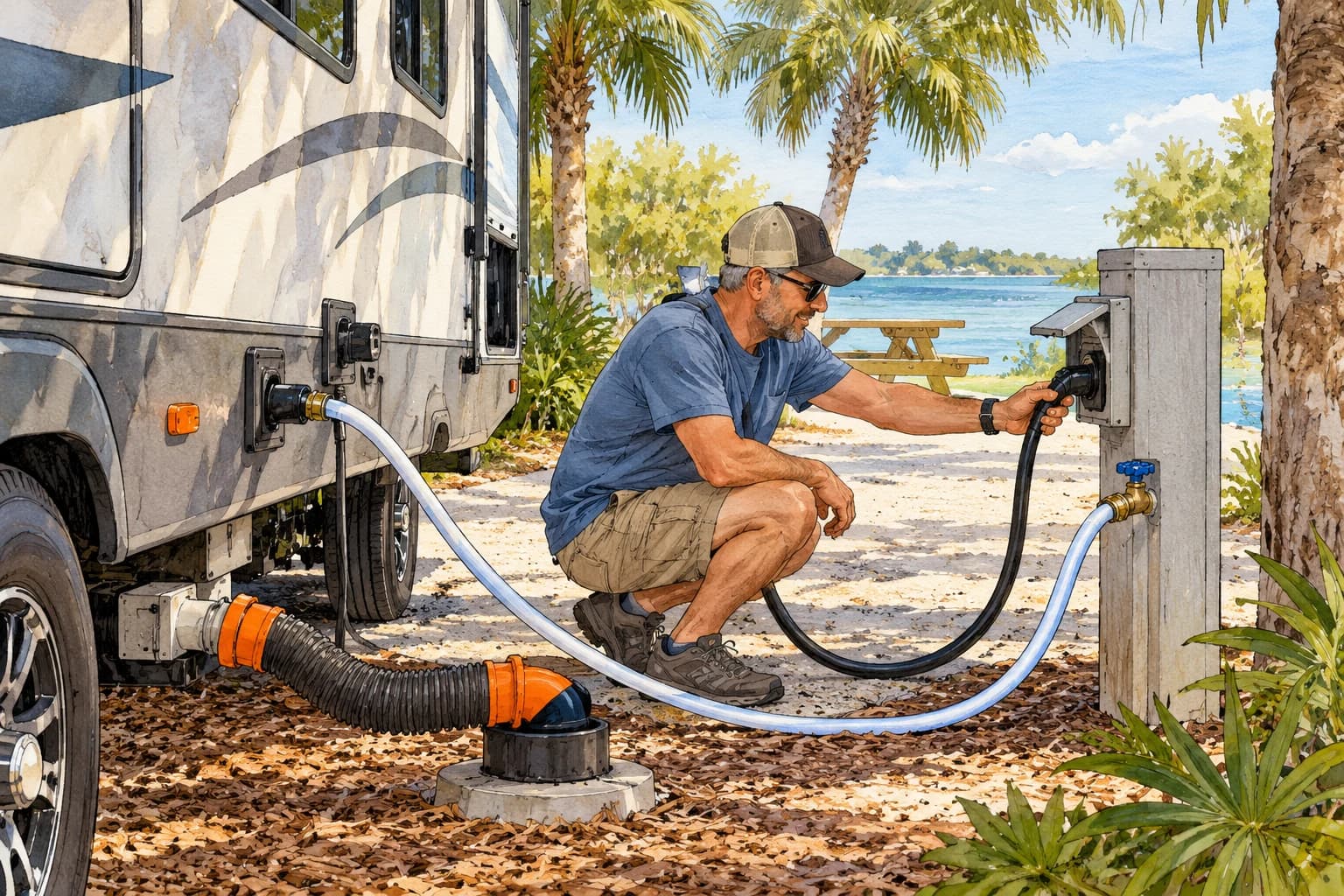 Editorial illustration: An RV campsite hookup still life with safely connected power, water and sewer