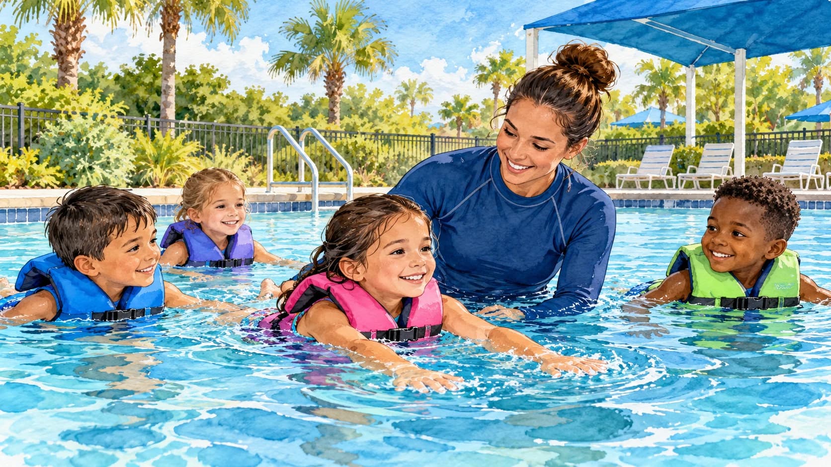 Editorial illustration: A qualified instructor teaching children in a supervised public swimming pool