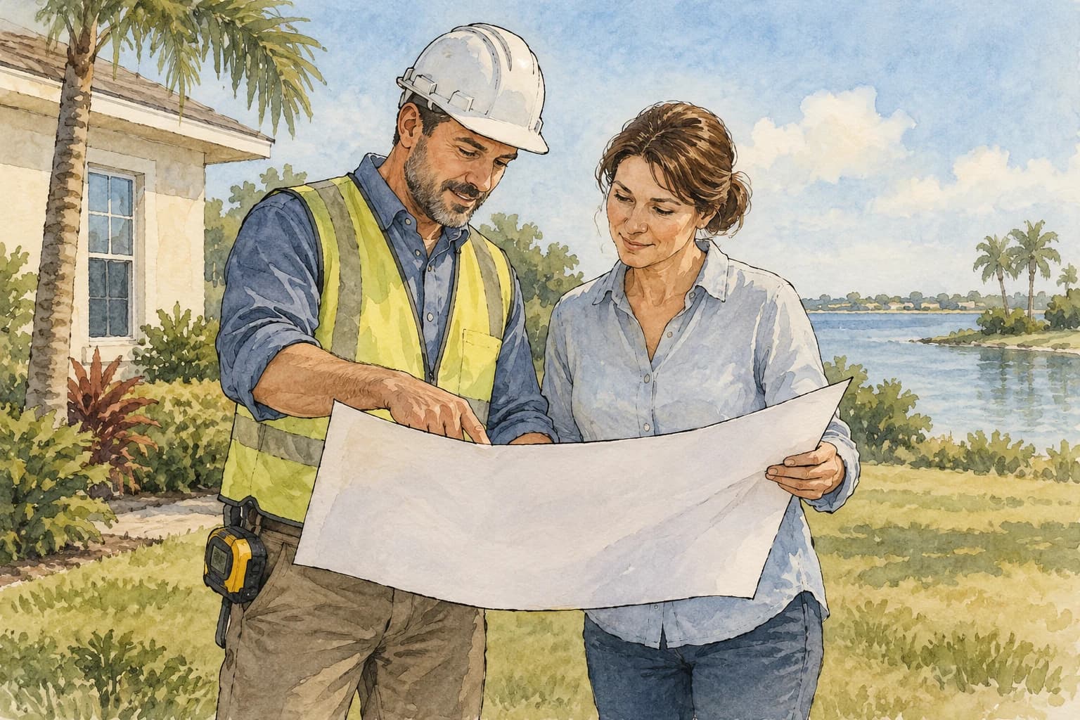 Editorial illustration: A contractor and homeowner reviewing a blank utility connection plan away from excavation