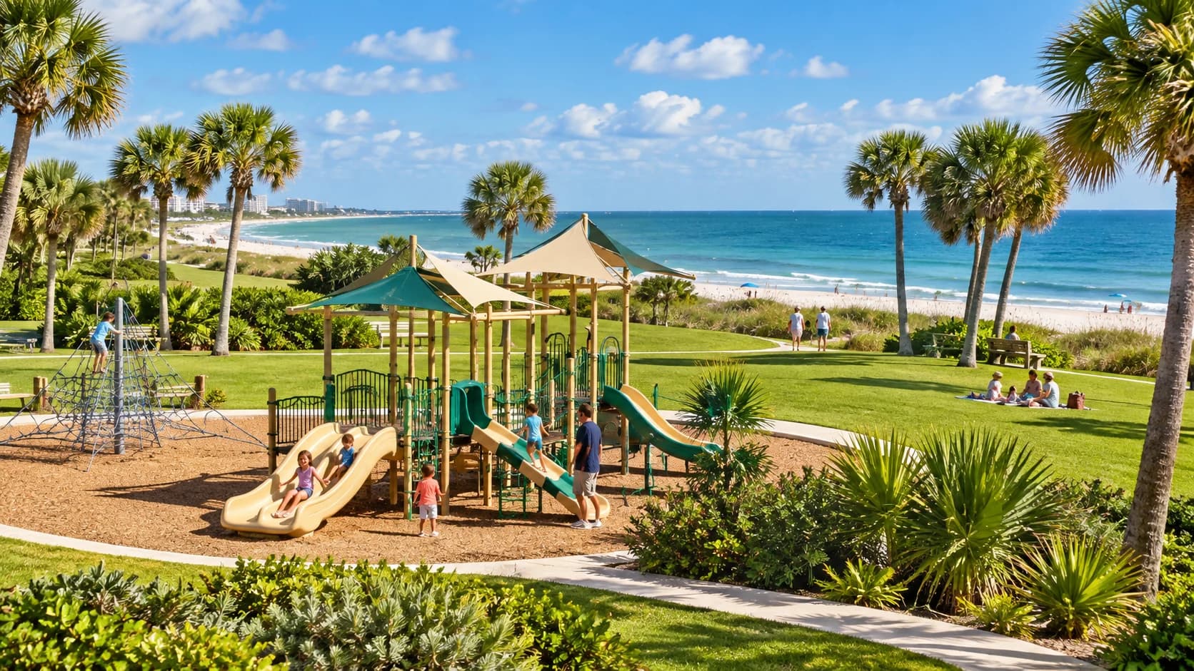 A palm-lined play area and lawn overlooking the Atlantic, inspired by Humiston Park.