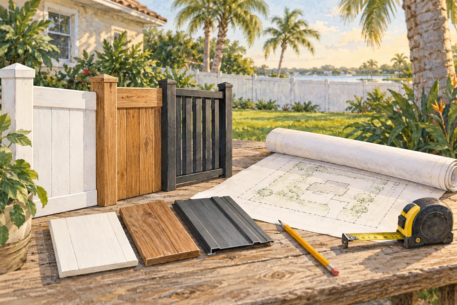 Editorial illustration: Close view of fence material samples, a rolled plain property survey, pencil and measuring tape on an outdoor worktable in a Florida residential yard