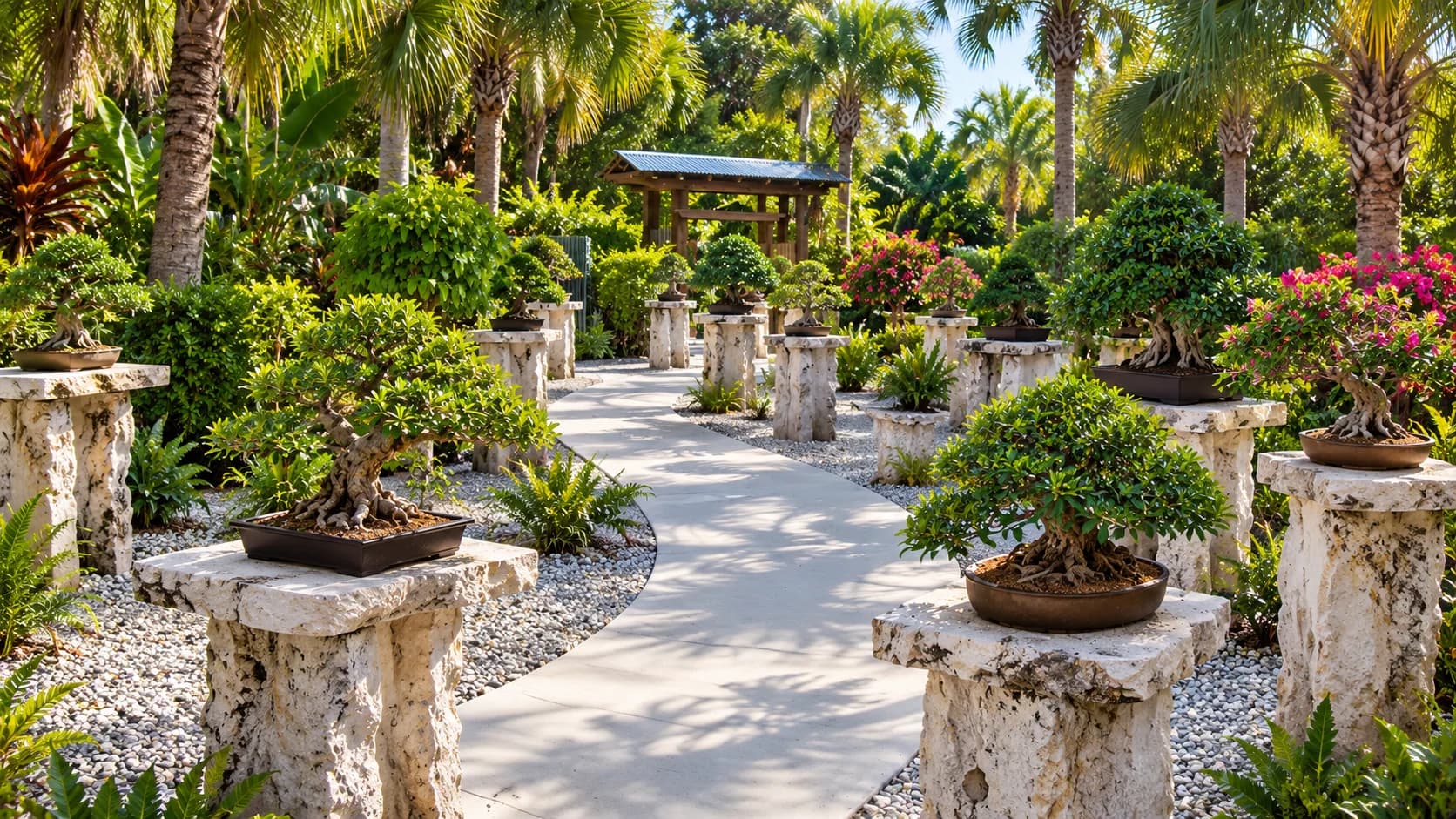 Editorial illustration of tropical bonsai displays in an outdoor Fort Pierce garden