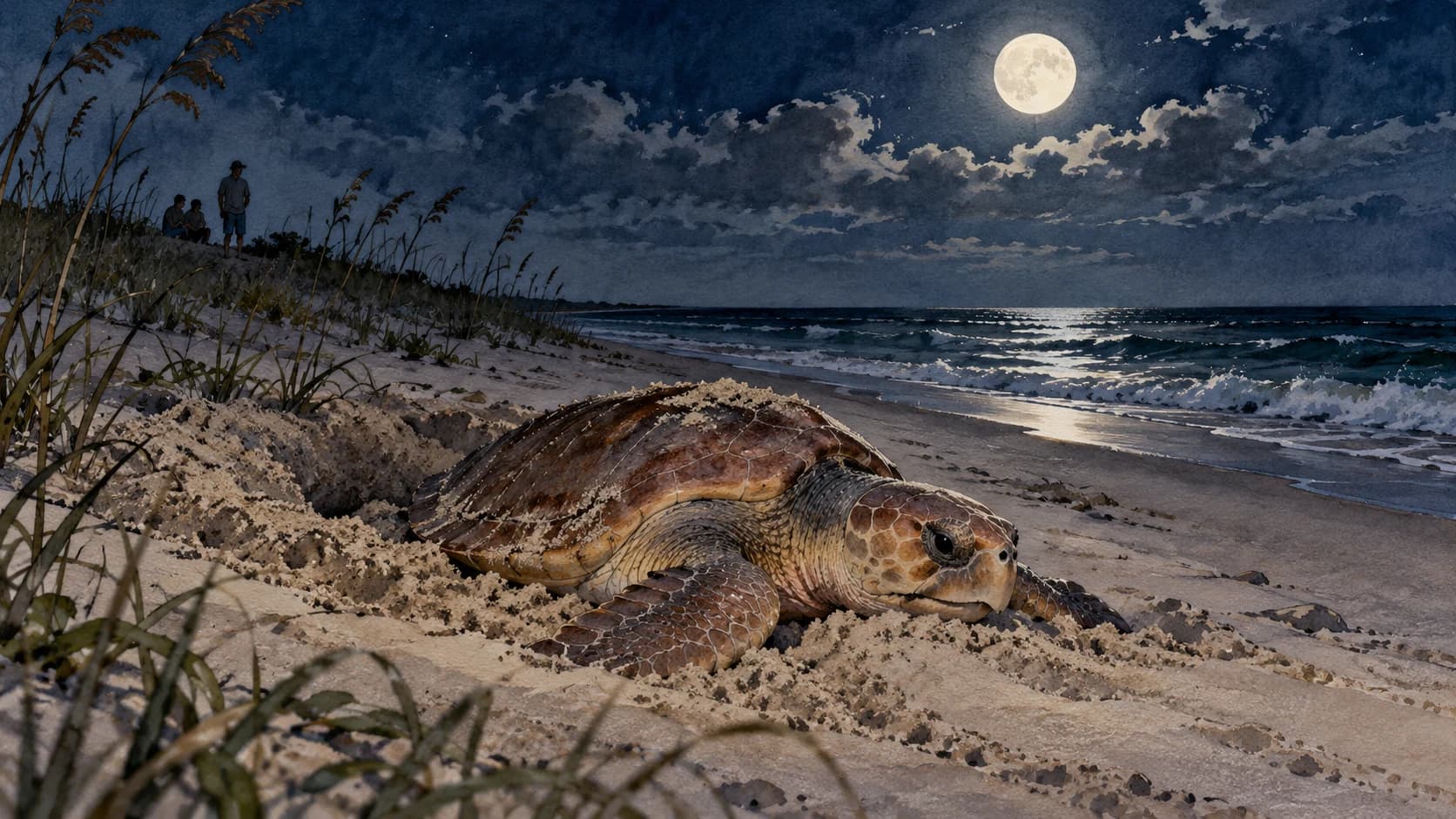 Editorial illustration: A loggerhead sea turtle on a Florida beach at night under natural moonlight