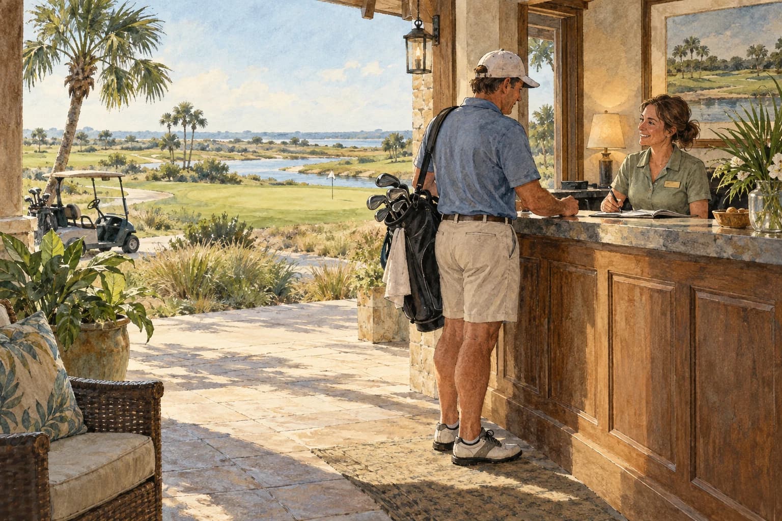 Editorial illustration: A golfer booking a tee time at a clubhouse counter, conceptual unbranded venue