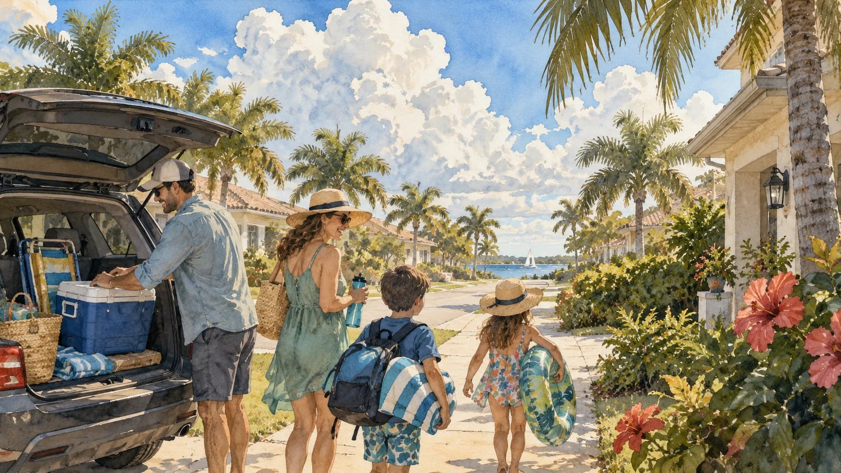 Editorial illustration: Florida neighborhood under summer cumulus clouds with bright sky and palms