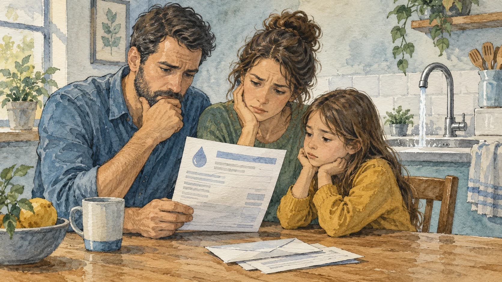 Editorial illustration: A household reviewing a generic water utility bill with faucet in background