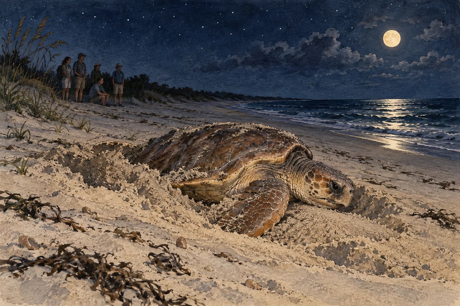 Editorial illustration: A small permitted guided group waiting well behind a nesting sea turtle in natural dim night