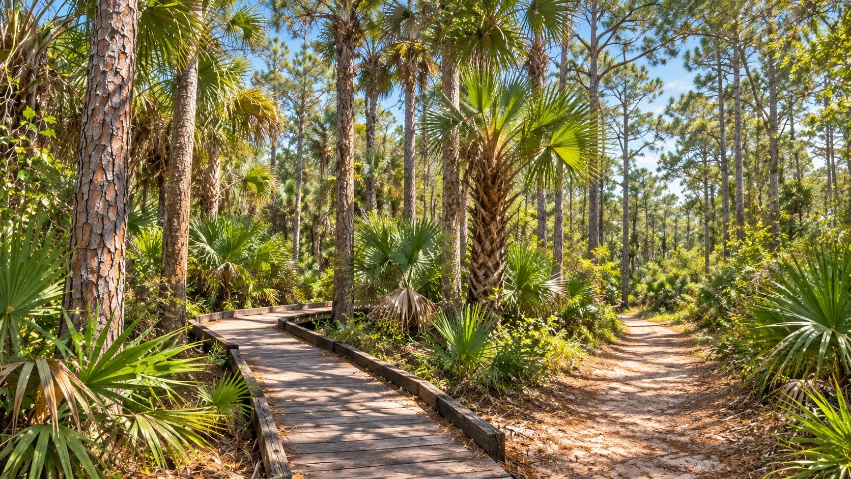 Editorial illustration of a pine and palmetto trail at Oxbow Eco-Center