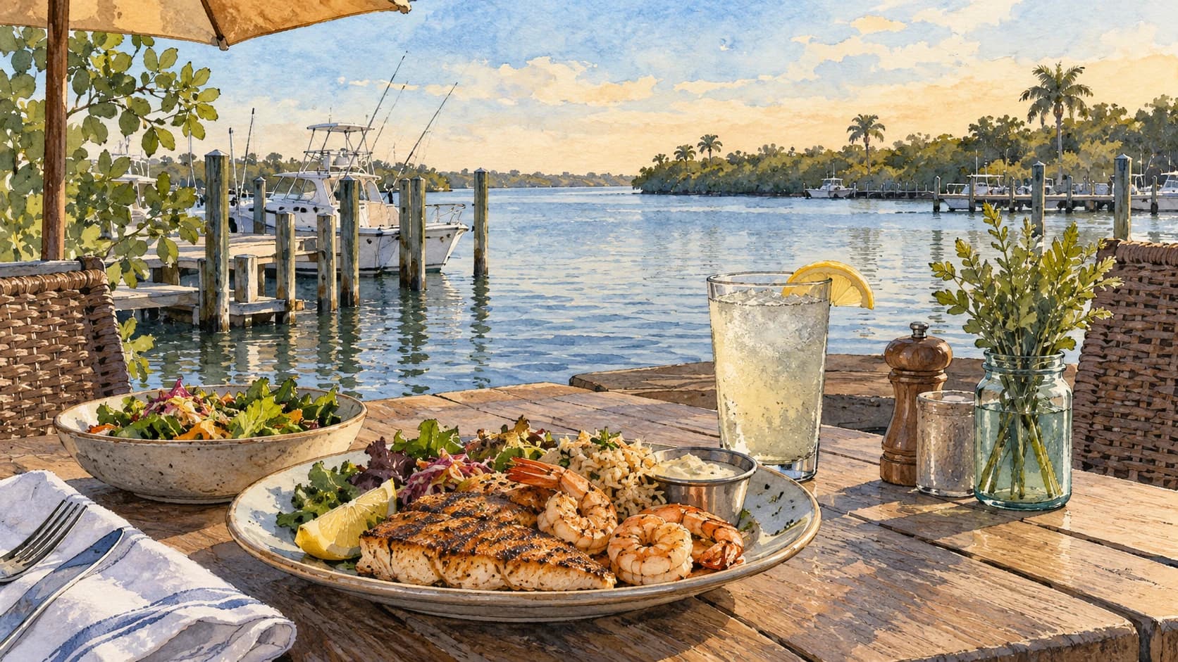 Editorial illustration: An outdoor waterfront restaurant table with seafood meal beside the Manatee Pocket