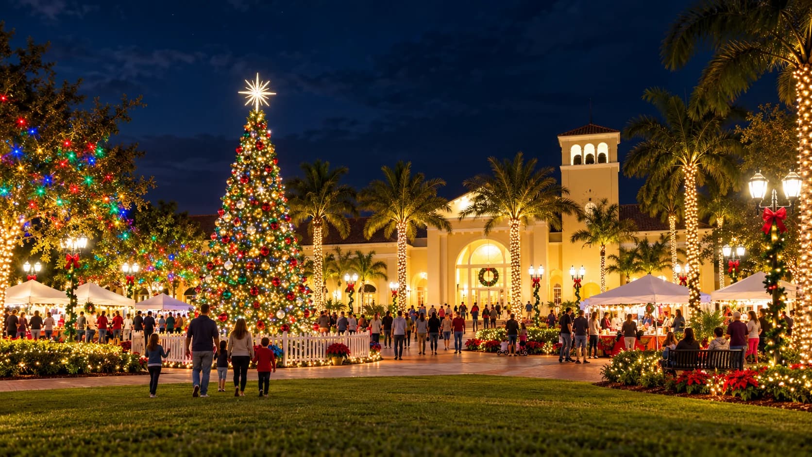 A neighborhood evening with palms, decorated homes, and seasonal lights, inspired by PSLinLights.