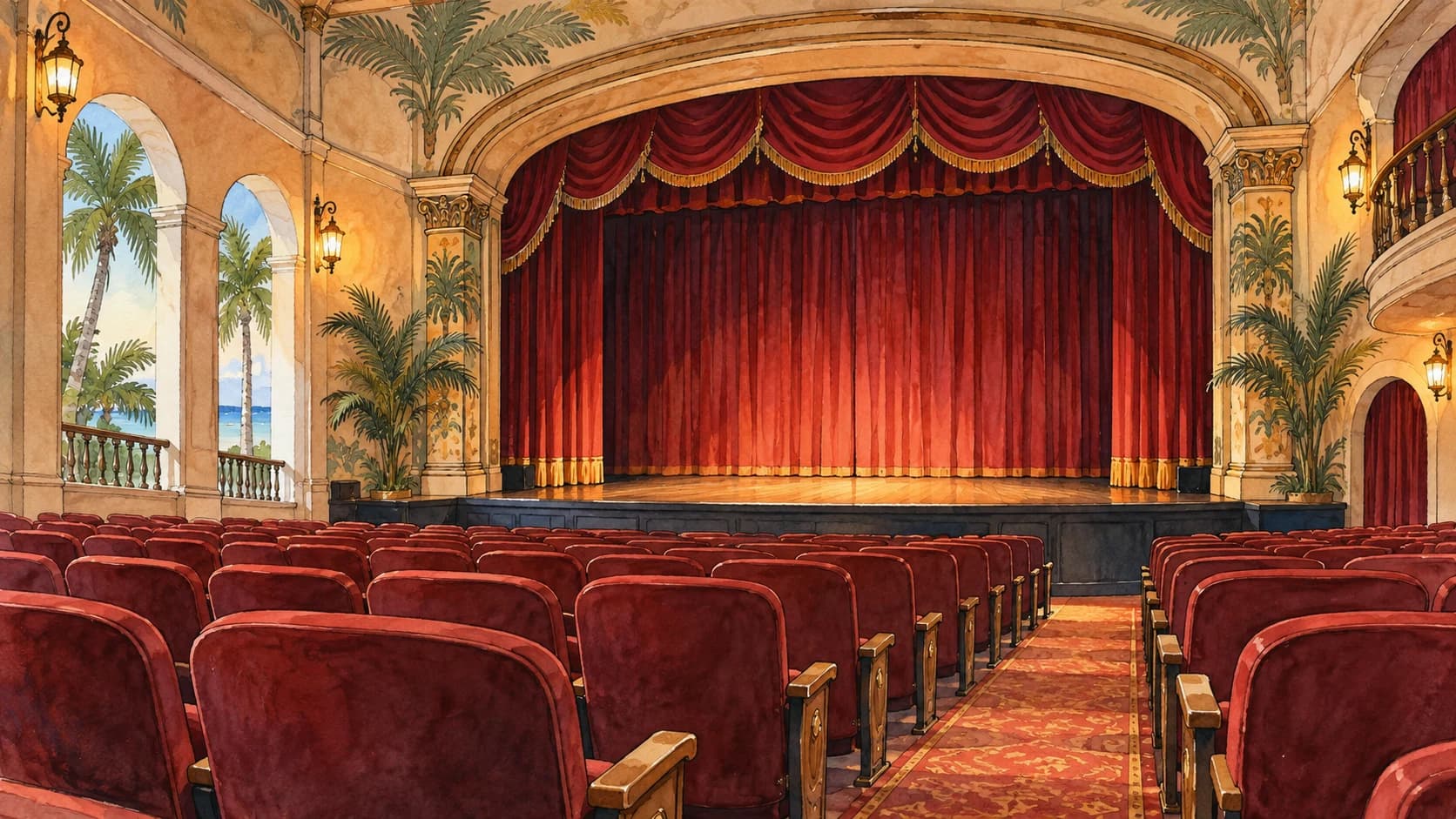 Editorial illustration: An intimate historic theatre auditorium with empty seats and stage curtains, clearly conceptual