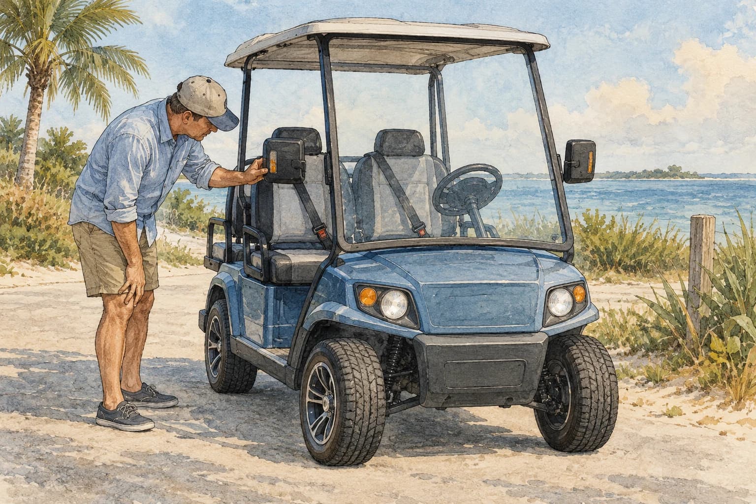 Editorial illustration: A driver inspecting a low speed vehicle with seat belts, lights and side mirrors
