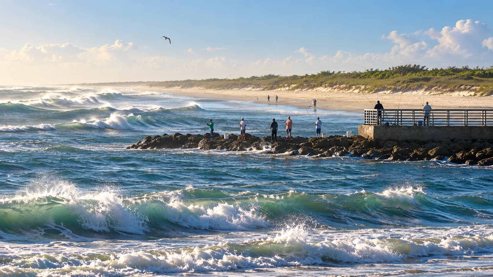 Editorial illustration of the Atlantic surf and fishing jetty at Sebastian Inlet