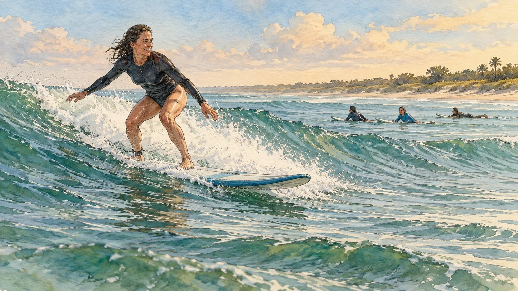 Editorial illustration: An experienced surfer on an Atlantic wave with distant inlet shoreline, safely outside vessel channel