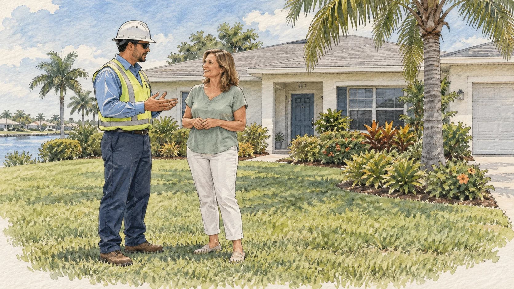 Editorial illustration: A modest single-story Florida house with a utility worker and homeowner standing together on the lawn