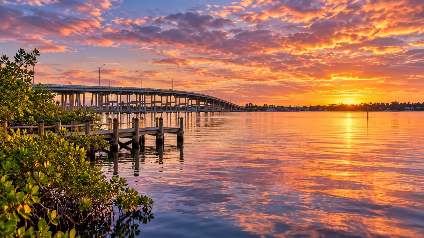 A quiet dock and the Palm City bridge across the St. Lucie River at sunrise.