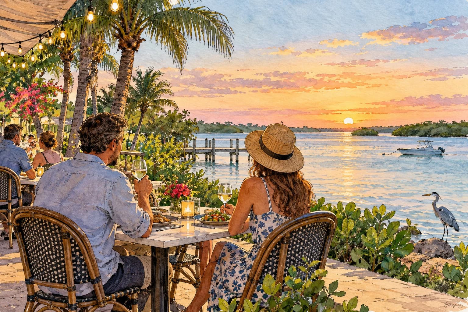 Editorial illustration: A relaxed sidewalk dinner setting with a distant lagoon view