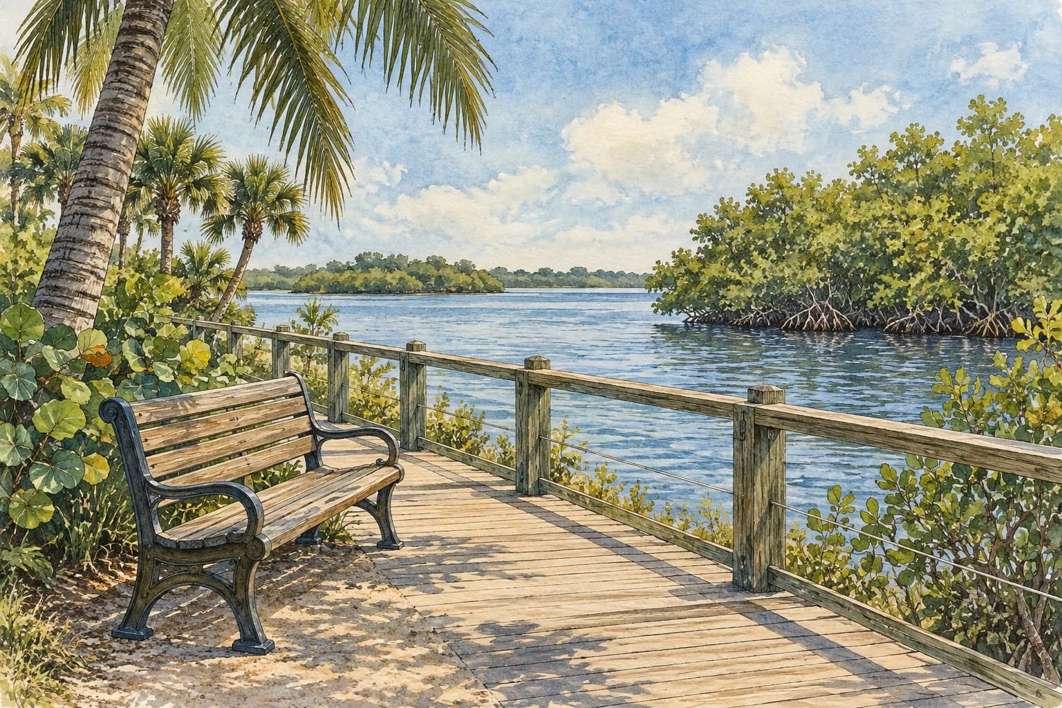 Editorial illustration: A wooden bench beside a public Florida riverfront boardwalk, palms and mangroves