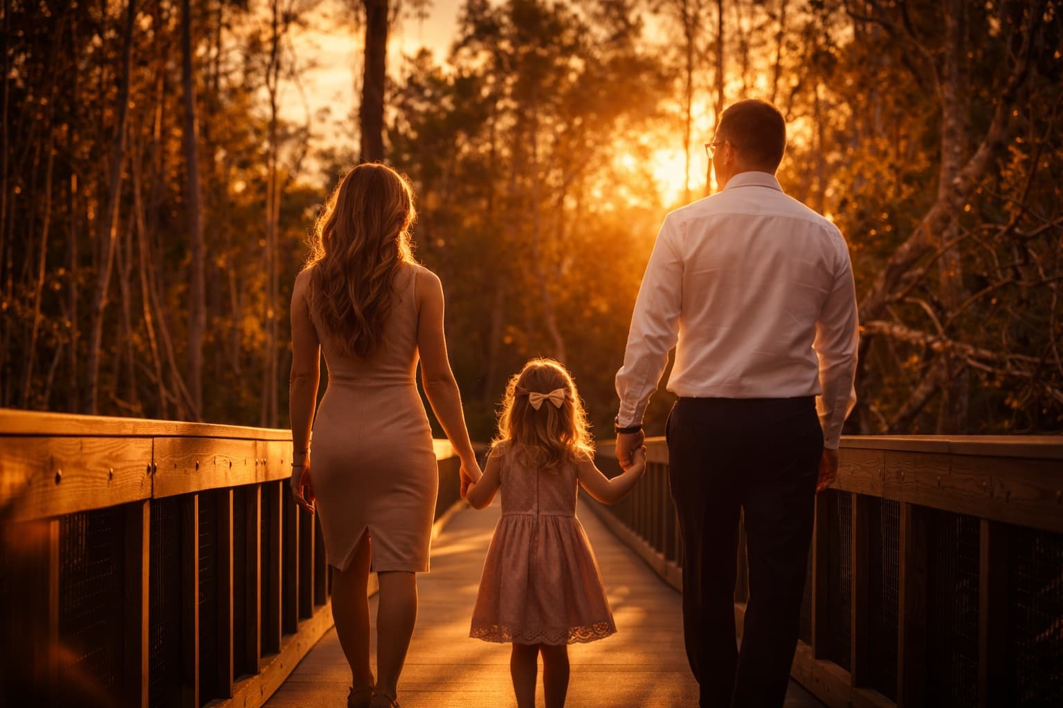 Family walking on a nature trail at The Preserve in The Port District in Port St. Lucie