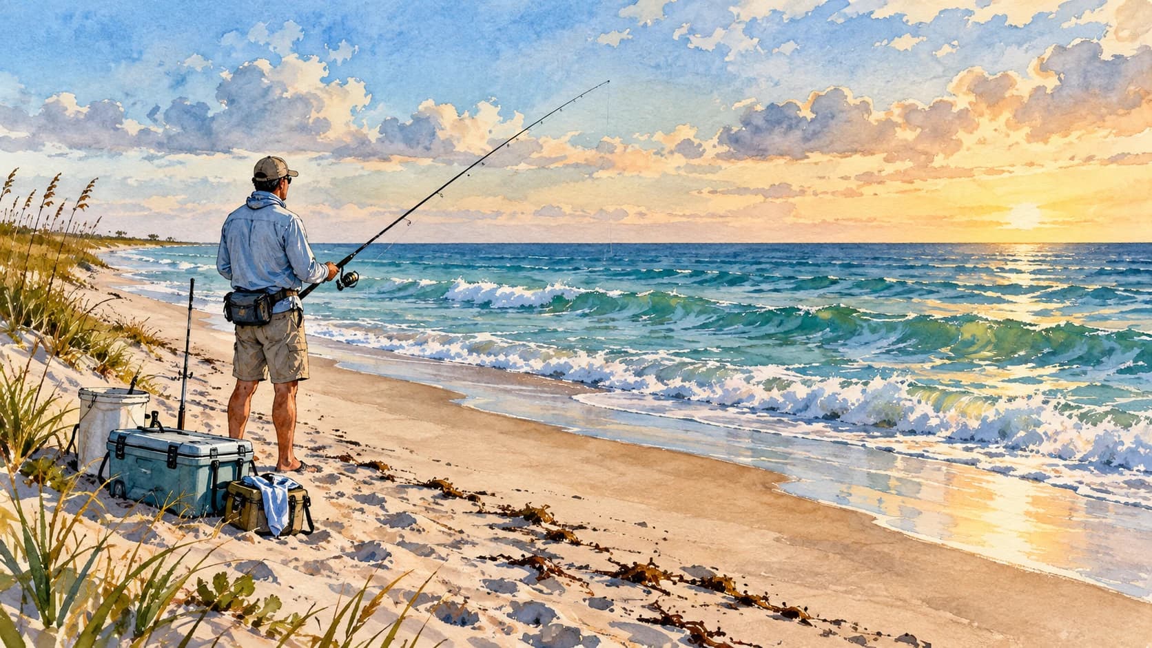 Editorial illustration: A shore angler on a Florida Atlantic beach with fishing rod, tackle and wide ocean horizon