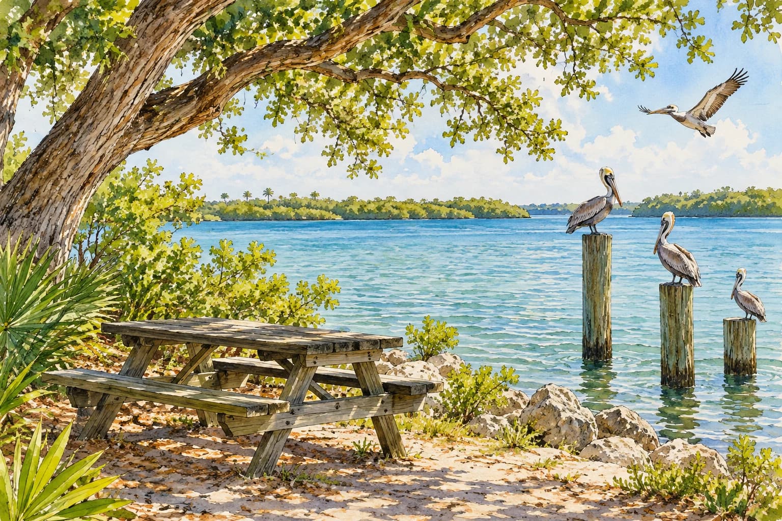 Editorial illustration: A shaded waterfront picnic bench and pelicans near the lagoon