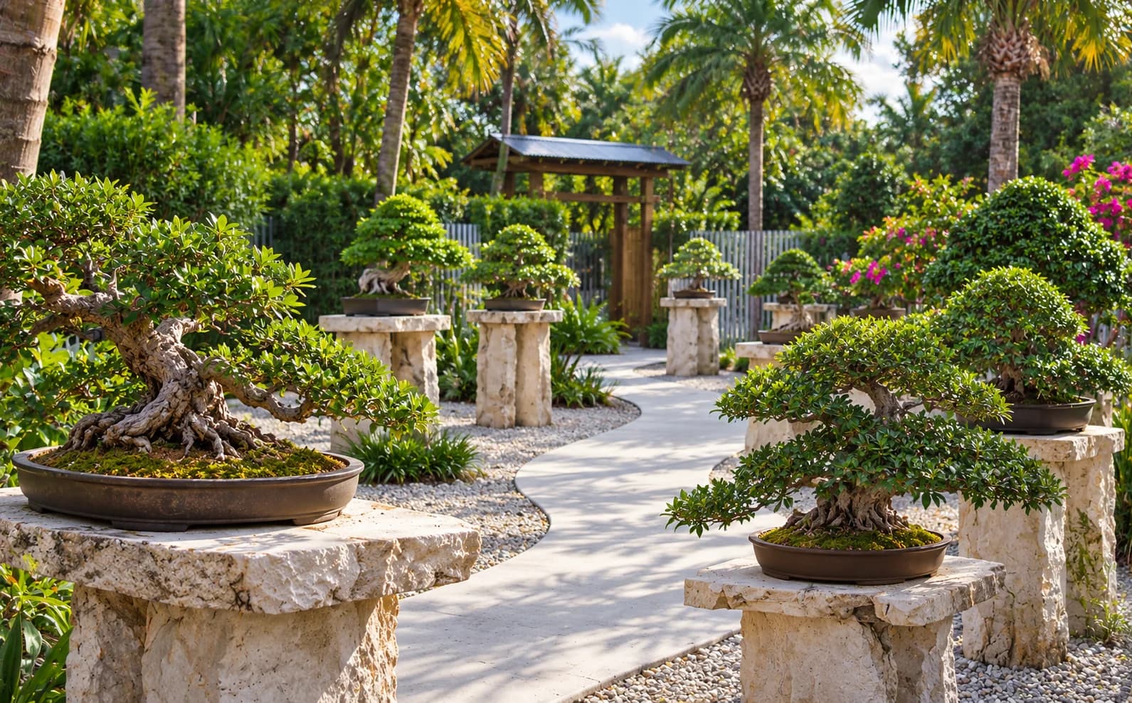 Editorial illustration of tropical bonsai trees on stone display stands