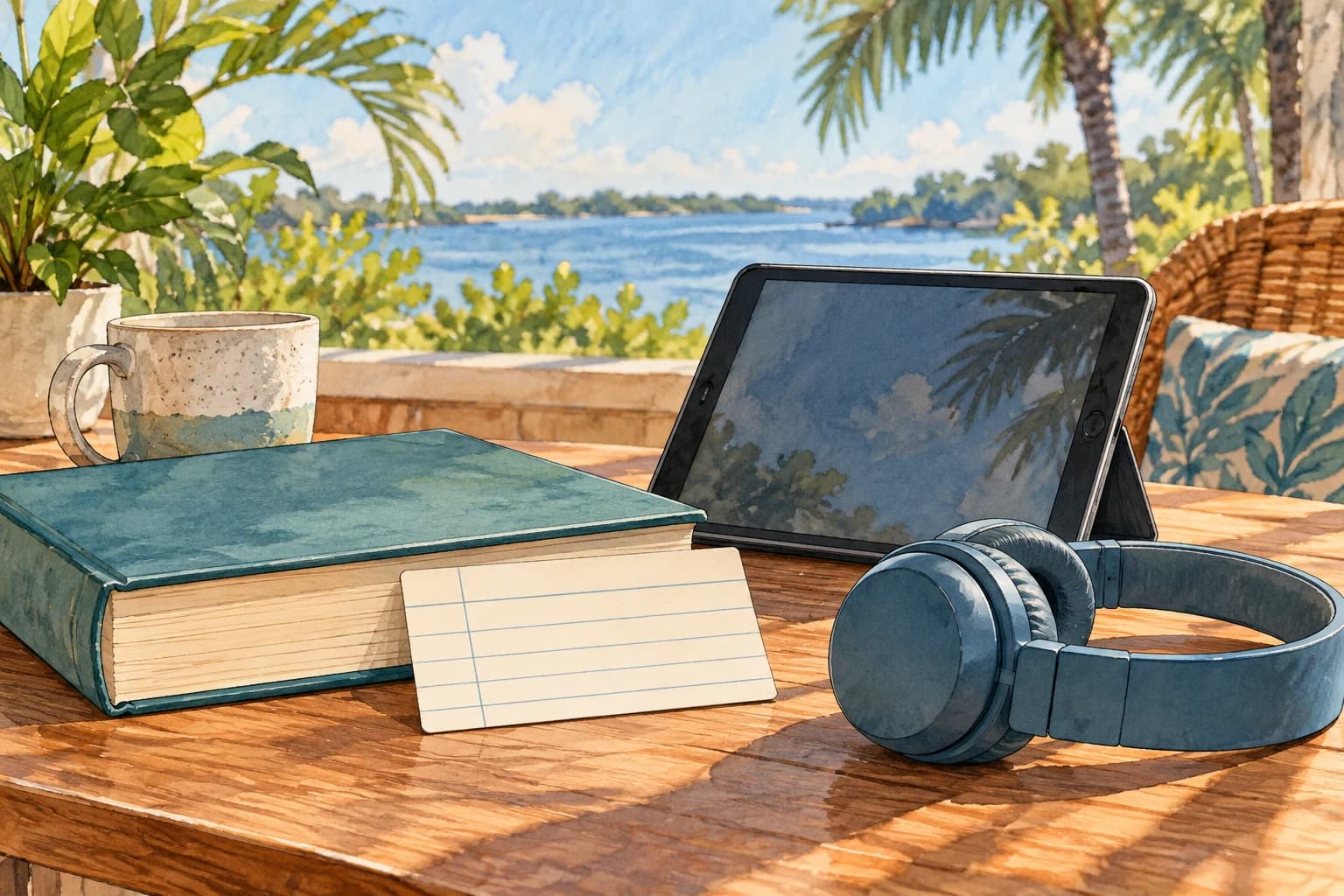 Editorial illustration: A book, generic blank library card, tablet and headphones on a table