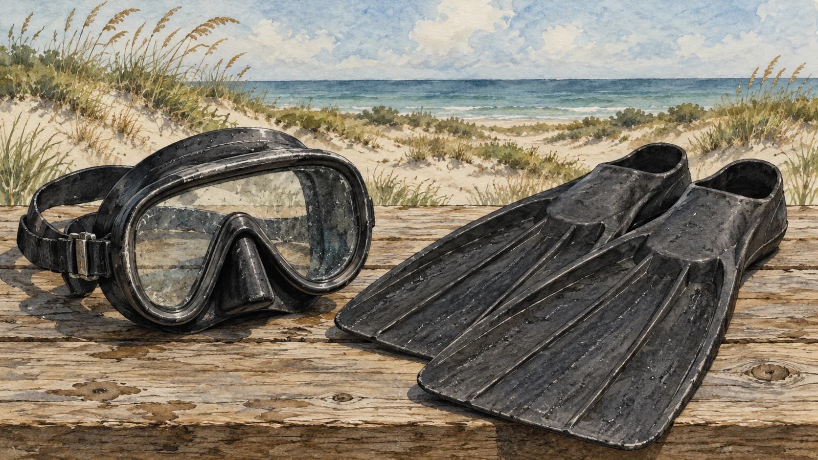 Editorial illustration: A World War II style black rubber diving mask and simple black swim fins on a wooden tabletop with distant flat Florida dunes