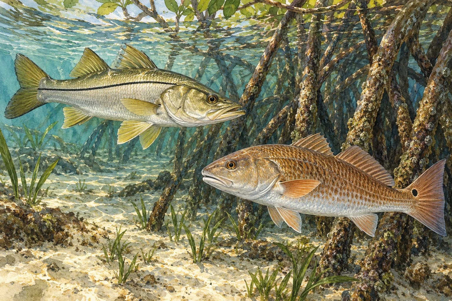 Editorial illustration: A snook and a red drum illustrated separately underwater beside mangrove roots, biologically plausible