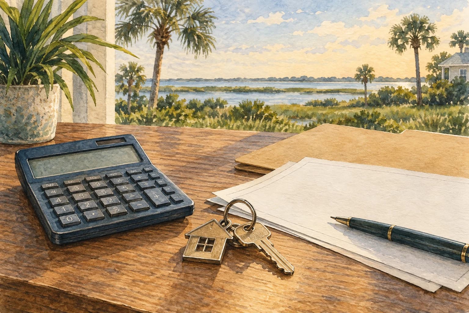 Editorial illustration: A close still life of a calculator, house keys, blank property documents and a plain folder on a wooden table