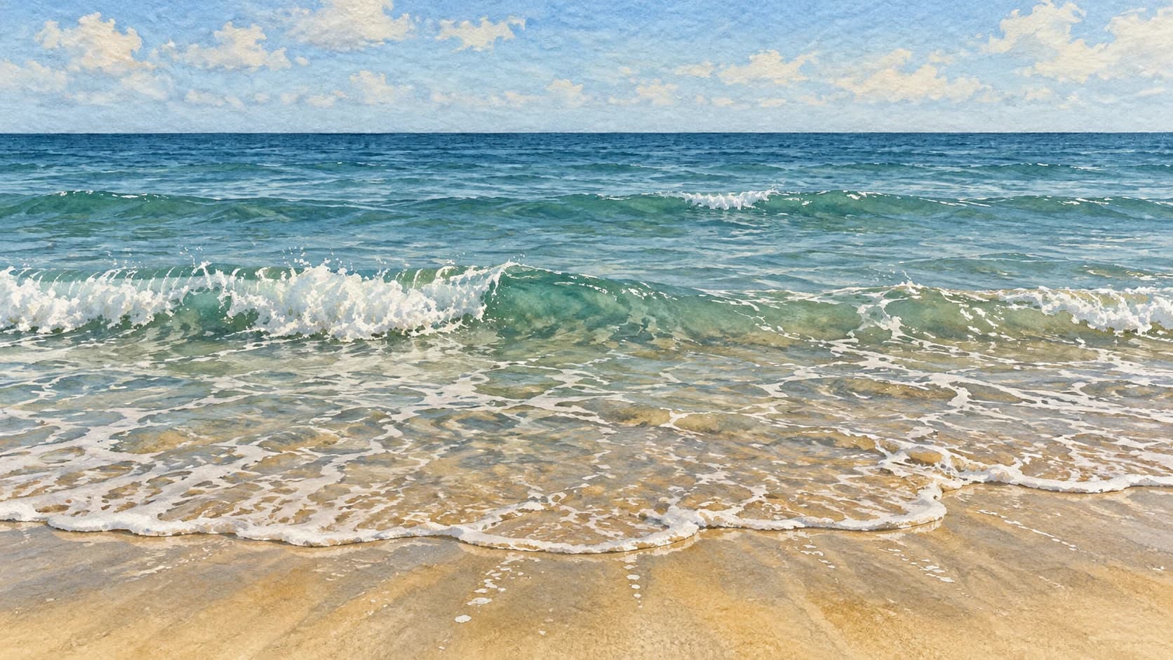 Editorial illustration: Close view of a flat sandy Atlantic beach with modest blue-green waves and suspended sand in shallows. Straight flat horizon from edge to edge. Absolutely no cliff, rocks, hill, mountain, headland, buildings, people or animals