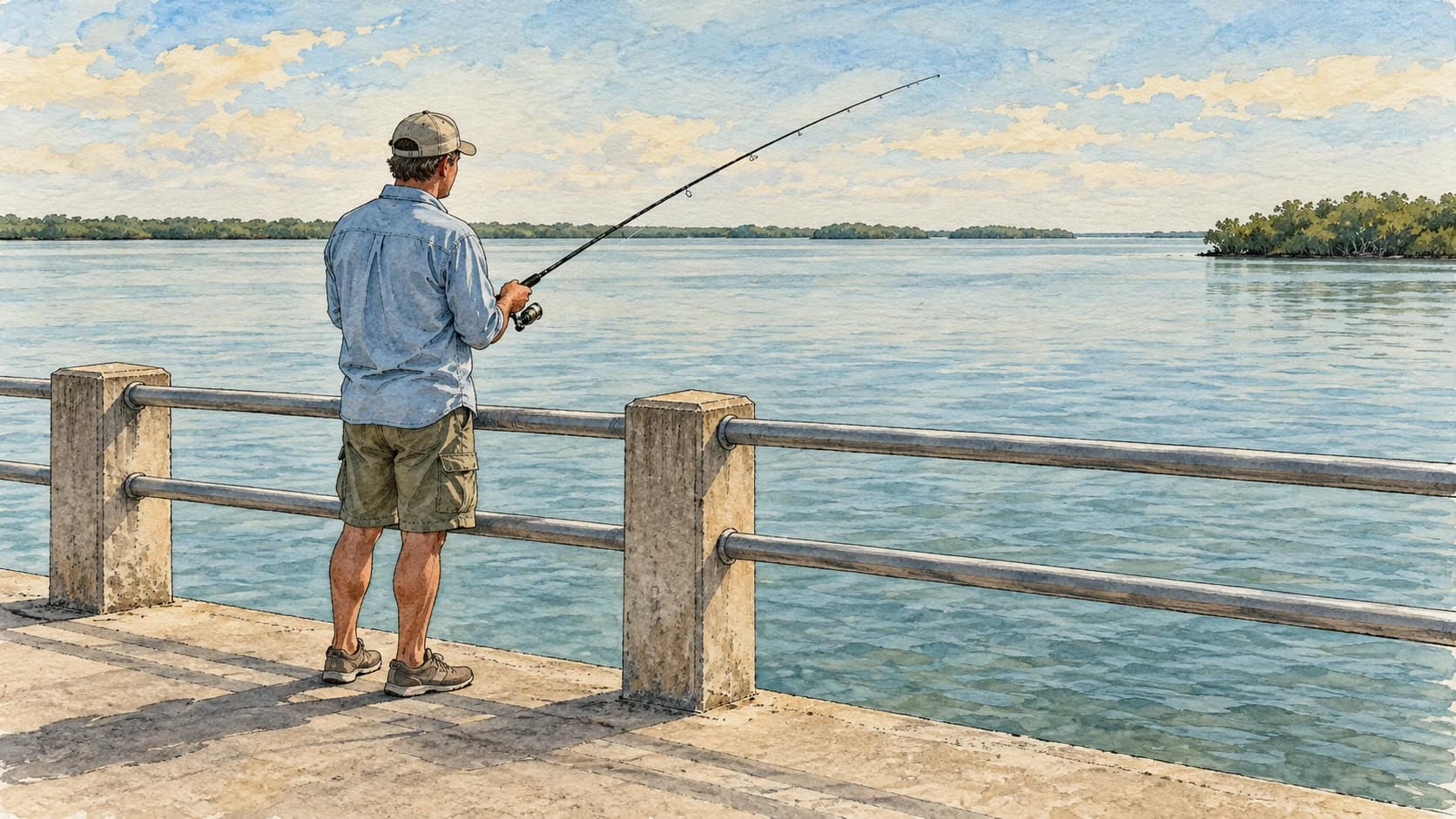 Editorial illustration: An adult fishing from a dry paved pier behind a sturdy railing at a flat Florida inlet. Gentle distant water