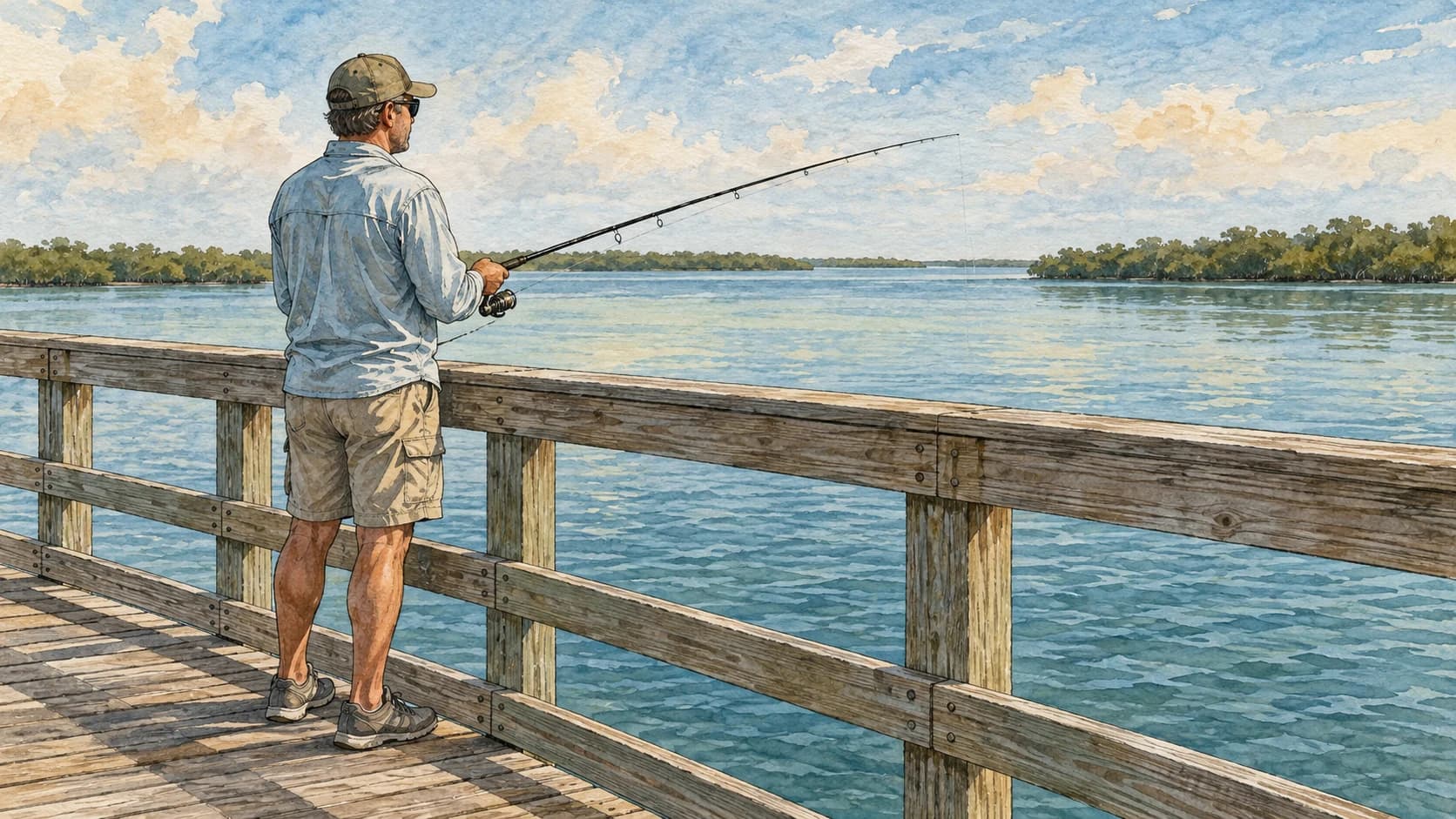 Editorial illustration: One adult angler standing behind the railing on a dry wooden public fishing pier above a Florida lagoon