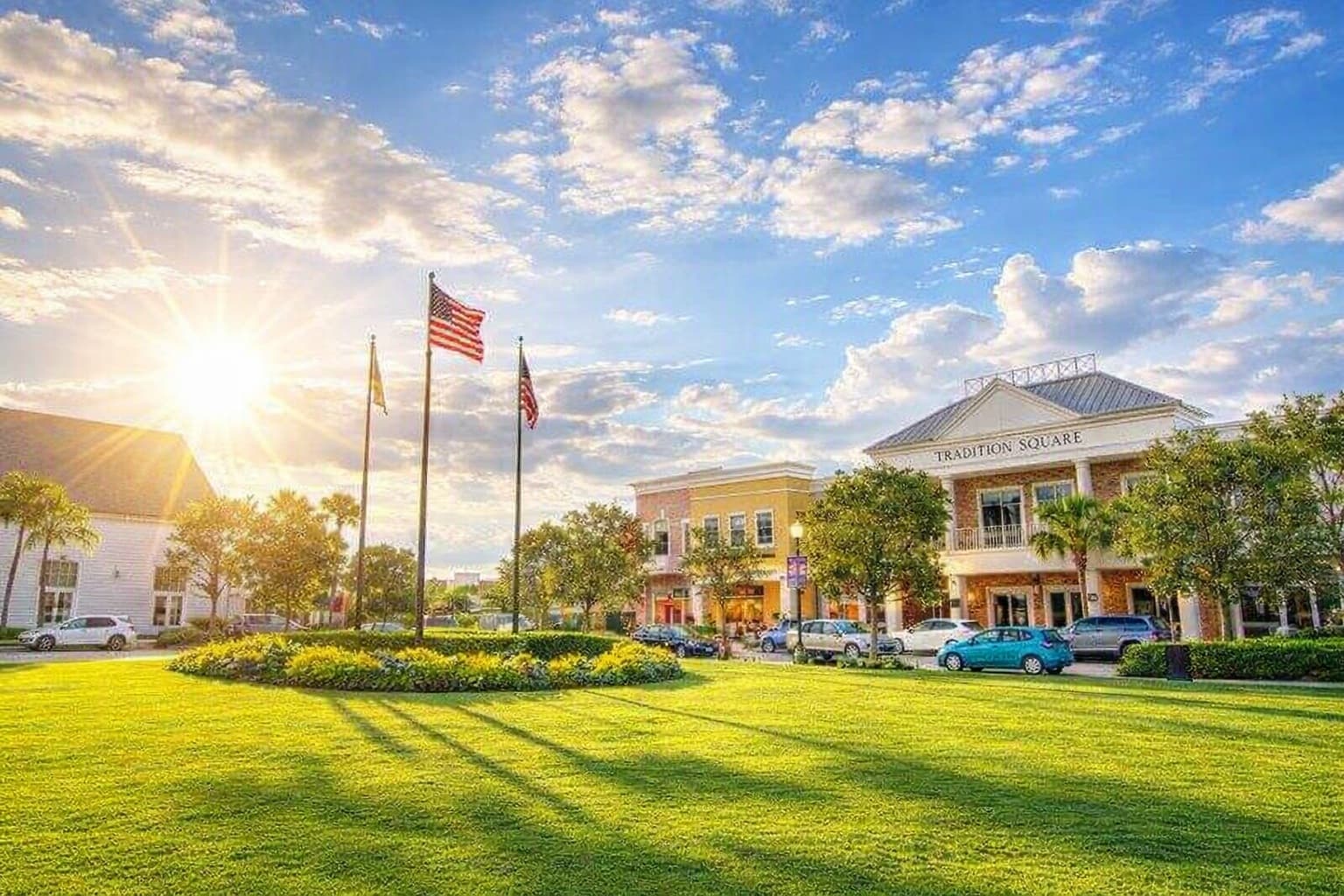 A sunlit public square in Tradition.