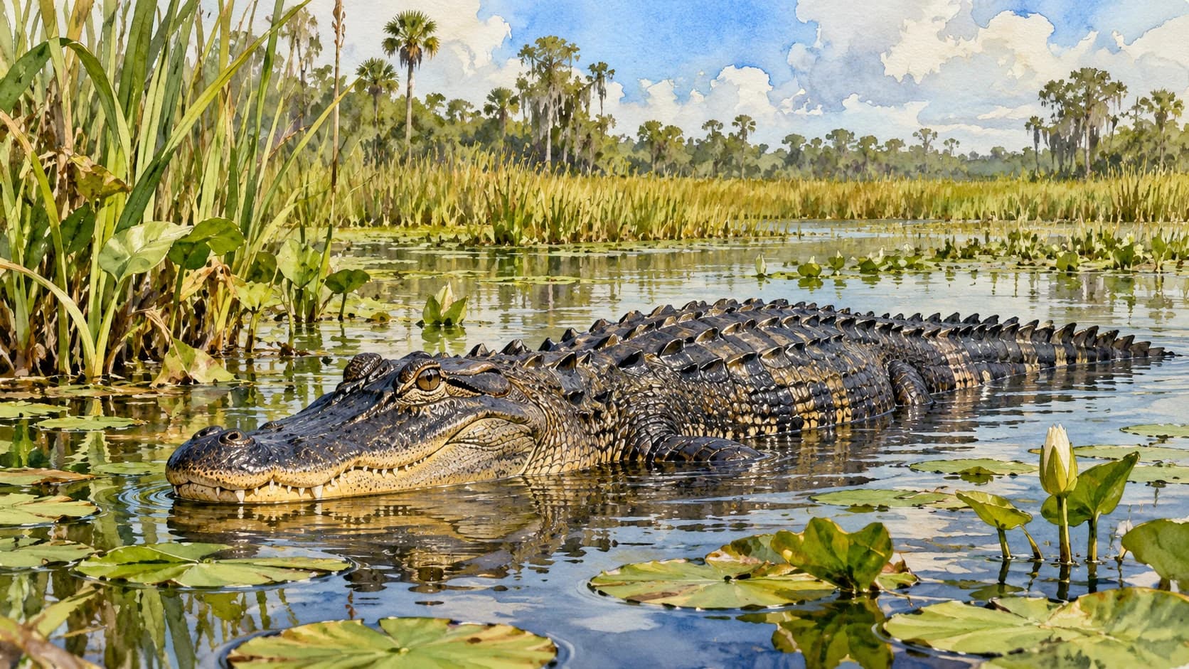 Editorial illustration: An alligator in Florida freshwater marsh habitat