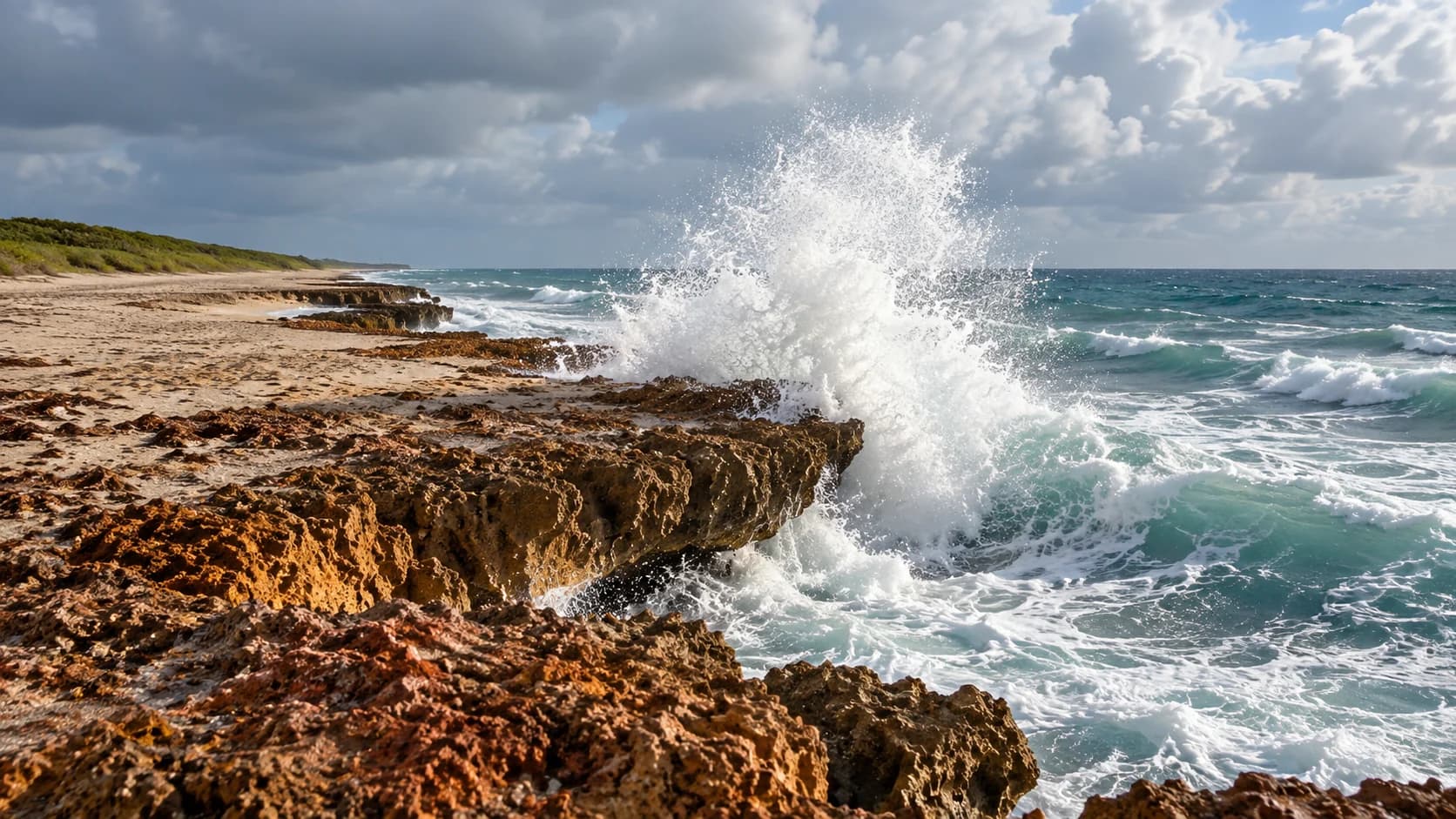 Editorial illustration of surf at rocky shoreline ledges